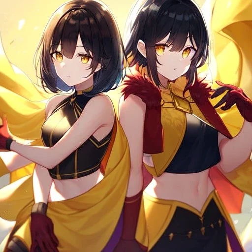 Clear focus,High resolution, Black short fluffy hair, and yellow eyes, wearing a black short skirt, sleeveless crop top, wearing long dark red gloves, yellow cloak, Holding hand out