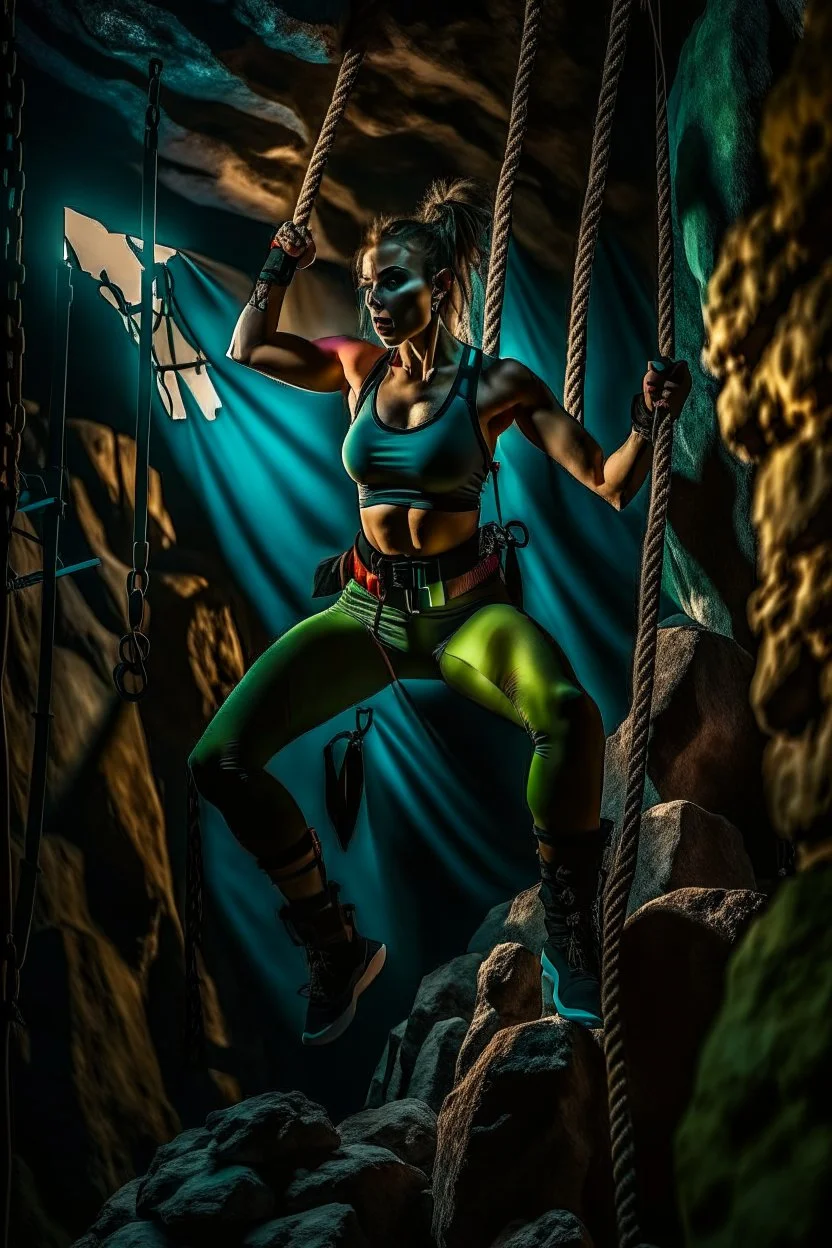 An action shot of a sexy looking zombie mountain climber, dramatic climb, an action shot, sexy crop top and tight leggings, climbing ropes,cinematic poster, cinematic lighting