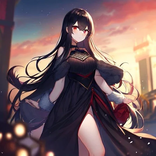 Clear focus, high resolution, black long fluffy hair, red eyes, wearing a cute outfit