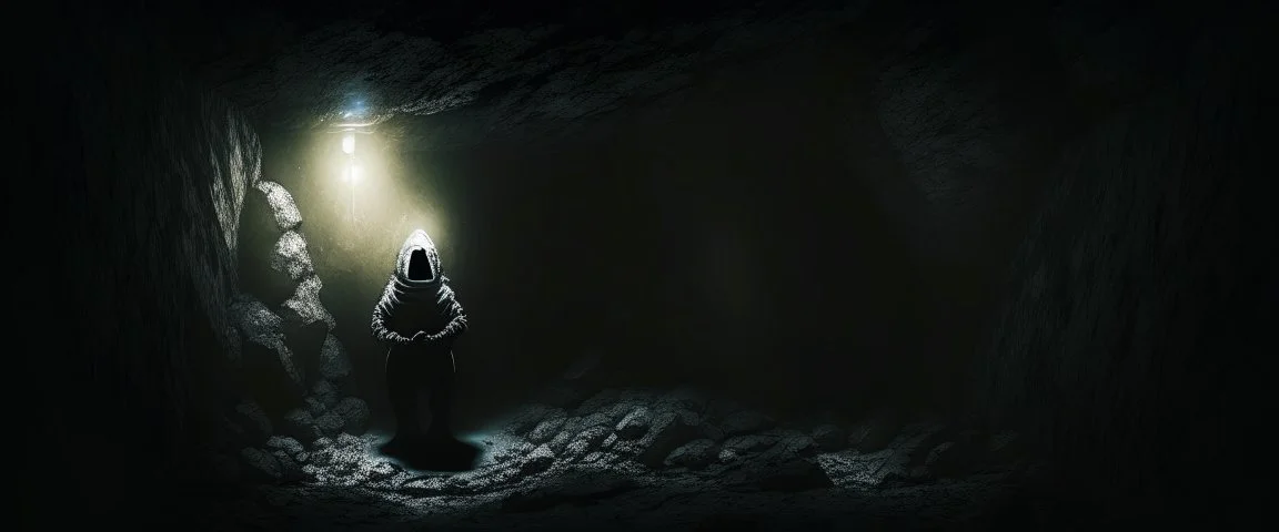 character in semi-darkness, on the scree cone of an underground room dimly lit by daylight coming from a well located forty meters above.