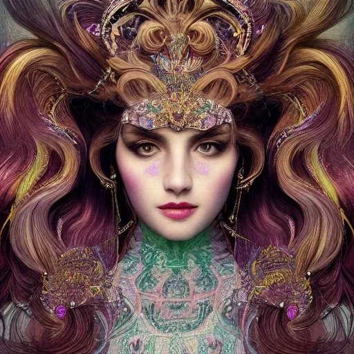 portrait,"Insanely detailed photograph of a beautiful Queen of the light Goddess,gorgeous clean face, highly intricate dress,intricately designed colorful mardigras decorations in hair,ominous,elegant, highly detailed hair, digital painting, artstation, concept art, smooth, sharp focus, illustration, art by artgerm and greg rutkowski, alphonse mucha,Dan witz, 8 k,looking downward,album cover art,fantasy