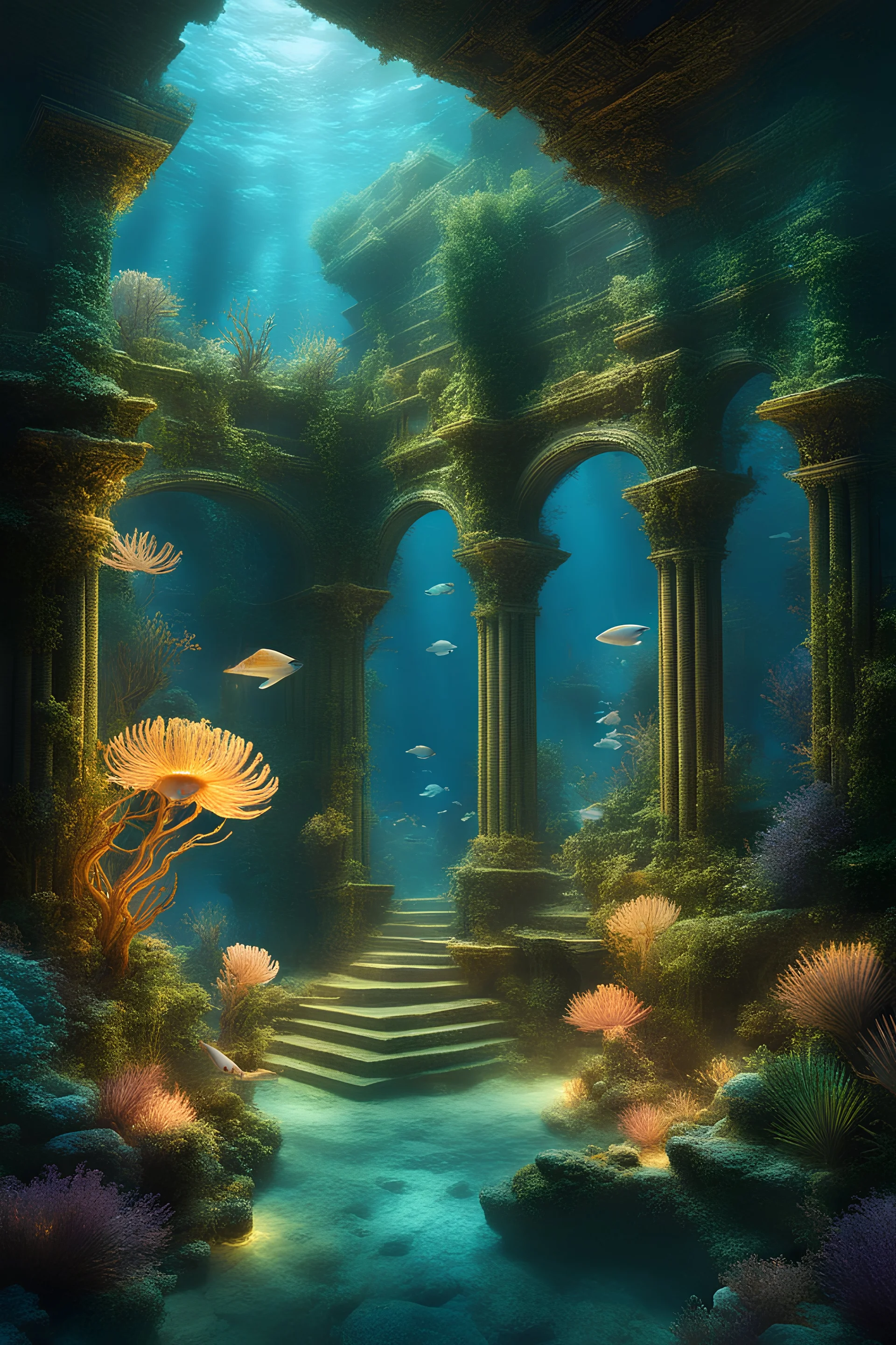 create a render: Beneath the depths of the ocean lie the submerged remnants of an ancient civilization, their once-grand structures now adorned with the soft glow of bioluminescence. Picture the ethereal scene where enigmatic sea creatures, radiating vibrant hues, gracefully navigate through the watery ruins. Inspired by Jorge Jacinto's evocative style, envision the delicate dance of light and shadow in this submerged realm, where the echoes of an ancient civilization intertwine with the enchant