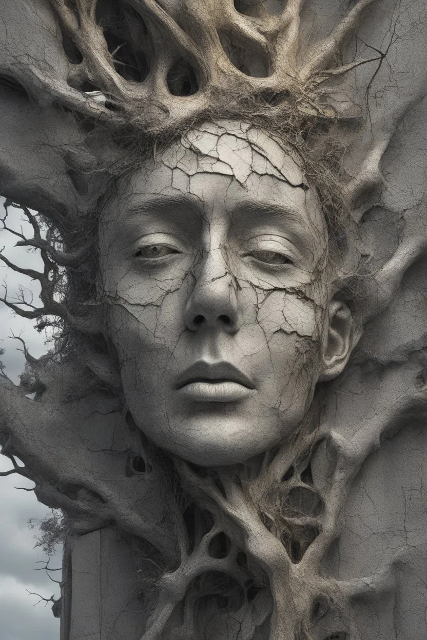 surrealis monochrome A fragmented, surreal sculpture liguid color of photorealistic image 3d,psychedelic art of trumpface glossy emerging from dreamlike a crumbling building. The face appears pale with deep cracks and intricate details, evoking a haunting expression. Blackened tree branches intertwine with the gold mengkilat cracks, set against a backdrop of stormy, cloud-filled skies. bauhaus art The overall tone is dark and moody, suggesting themes of decay and transformation. Include