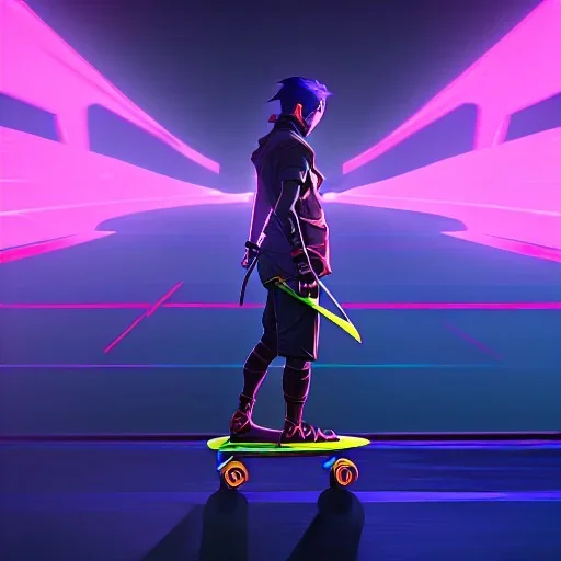 photo of a ninja riding a skateboard; in an alternate universe in tokyo; cyberpunk; realistic; rain; neon signs