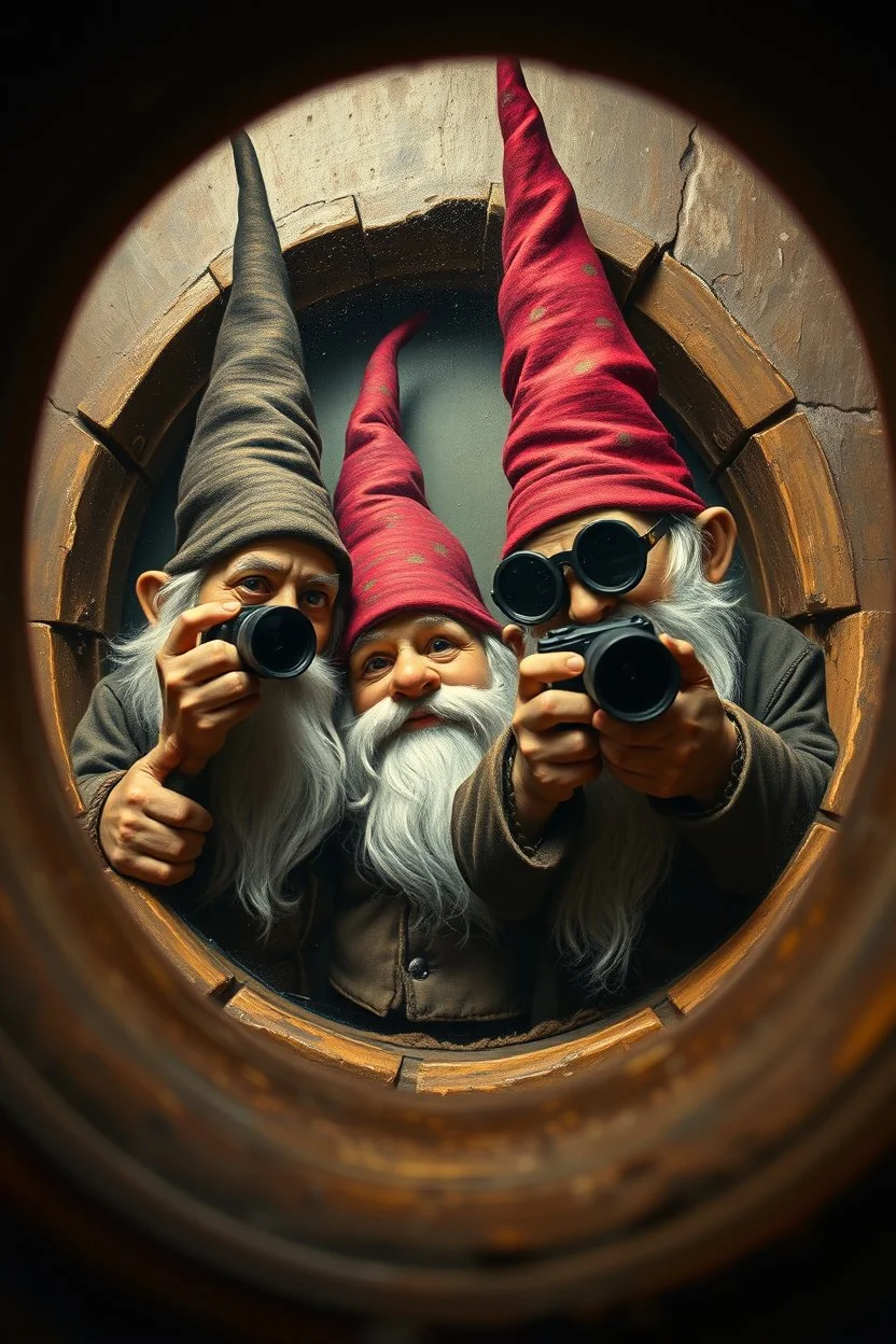 pin hole cam, master oil painting by Rembrandt, spy gnomes soap opera poster