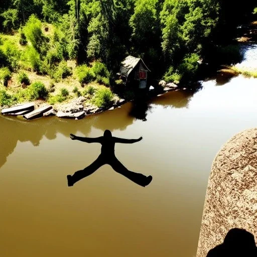 dark human shadow float in sky. scared people. river. river rock . valley . night