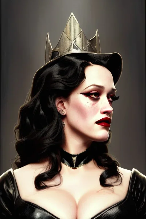 painting of kat dennings as evil queen in black leather gown, feminie, angry, stern look on her face, volouptous, busty, cleavage, emperious, mature, highly detailed, digital painting, artstation, concept art, smooth, sharp focus, illustration, art by gaston bussiere and alphonse mucha