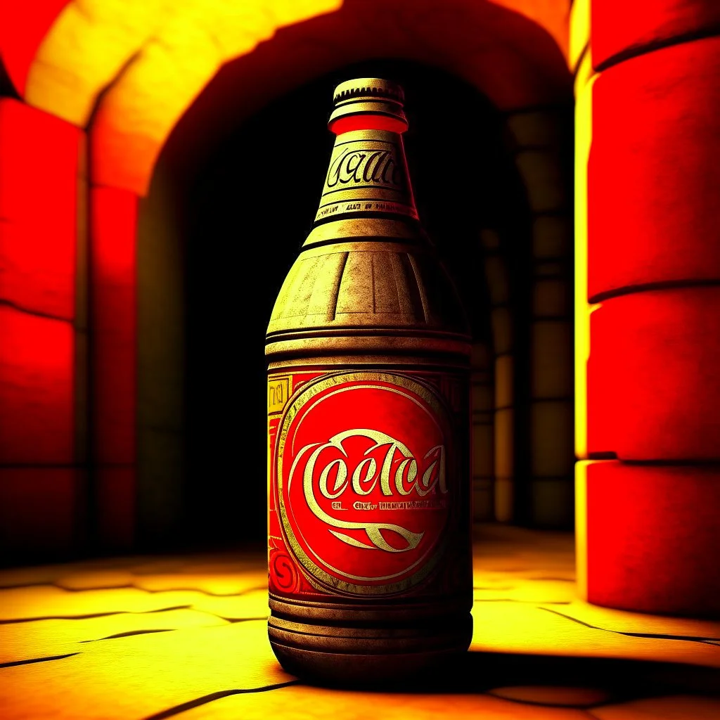 inca carved stone bottle coca cola logo, in inca temple, cinematic, photo realistic, hyper detailed