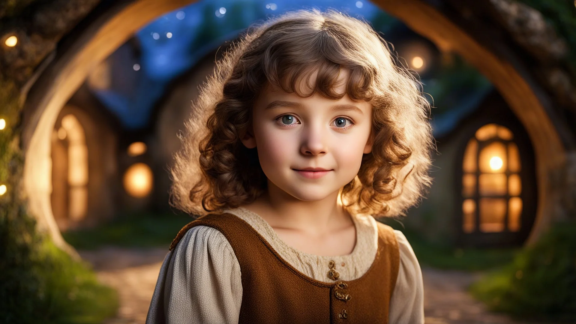 little young hobbit girl, beautiful, confident, calm, wise, happy, innocent, facing camera, head and shoulders, curly hair, hobbit clothing, perfect eyes, LOTR village, hobbit homes with circular windows and round doors, night scene, stars, fireflies, 16k artistic photography, exquisite composition, photorealistic concept art, soft natural volumetric light, chiaroscuro, award-winning photograph, masterpiece, style William-Adolphe Bouguereau