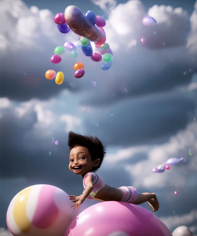 Ultra realistic speed clouds sky scene, wide angle view, child falling down with many Children background, inflatable monsters, circus dress style, feather color, free jumping flying, many trinkets, hair monster, many jelly beans, balls, color smoke, smile, happy, extreme, wind, clouds sea, 20,000 feet altitude, stratosphere, soft color, highly detailed, unreal engine 5, ray tracing, RTX, lumen lighting, ultra detail, volumetric lighting, 3d, finely drawn, high definition.