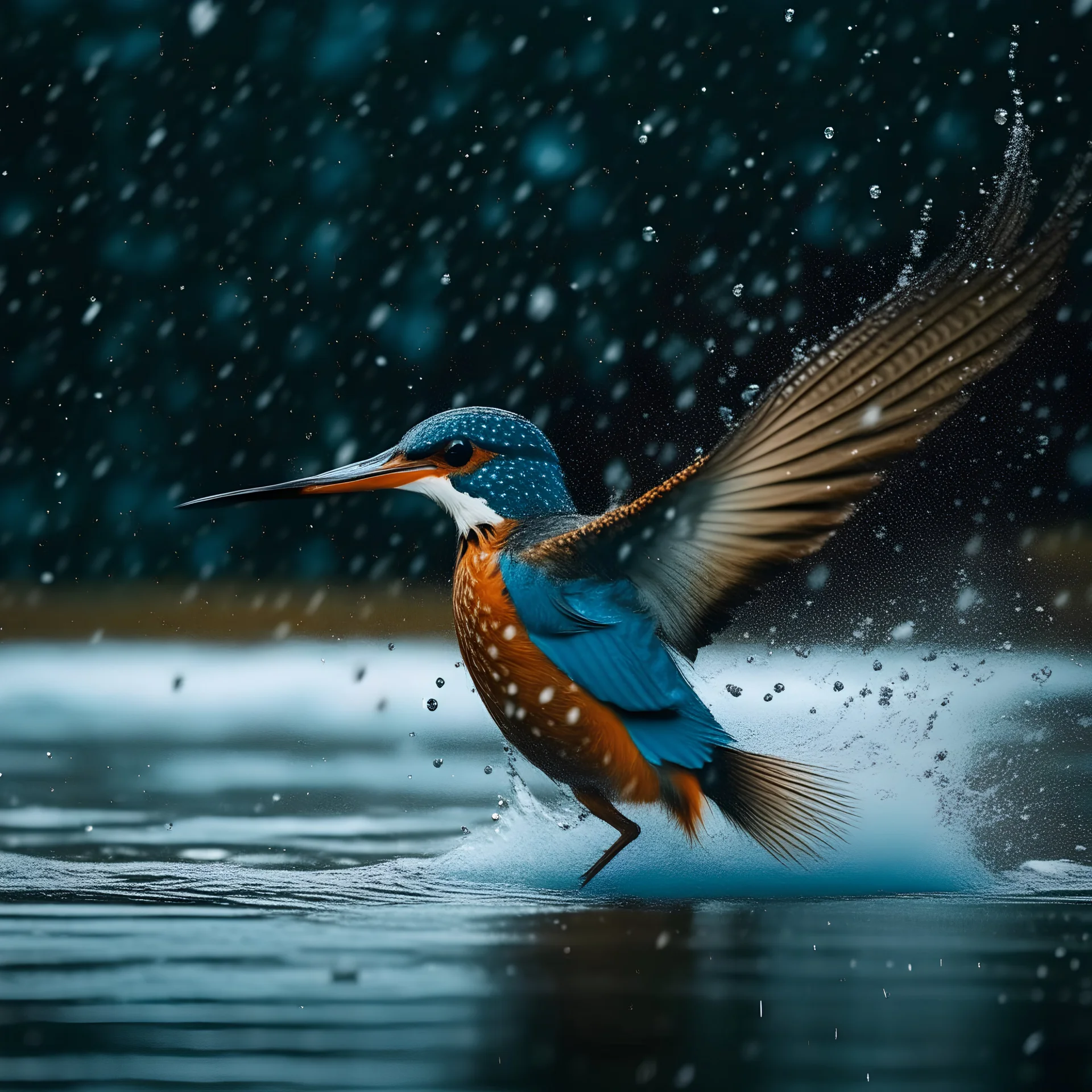 Kingfisher flying on a pond, water splashing around and sky blue theme and heavy rain and cooler temperature