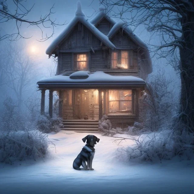 sad, scared, lonely dog tied with short leash in front of a house, winter, 8k resolution, high-quality, fine-detail, intricate, digital art, detailed matte, volumetric lighting, illustration, 3D octane render, brian froud, howard lyon, selina french, anna dittmann, annie stokes, lisa parker, greg rutowski