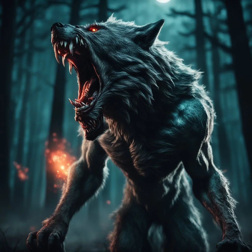 bloodthirsty angry savage werewolf howling at the moon, full body, muscular body, large claws, sharp teeth, night forest with gloomy dark teal colors, fire sparkle particles, dark tone, sharp focus, high contrast, 8k resolution, shallow depth of field, dramatic lighting, beautifully intricate details, clean environment