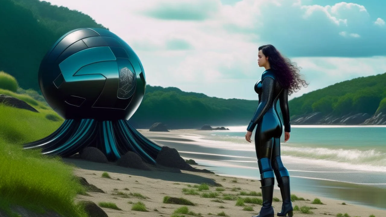 A long-haired woman in a robotic-looking catsuit standing on a beach of a rocky landscape with a crashed spaceship in the distance, with a forest beyond