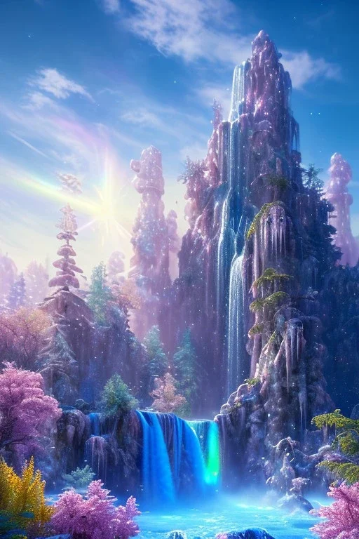 waterfall cascades of multicolored crystals, blue sky, cosmic and galactic ambiance, full of details, smooth, bright sunshine，soft light atmosphere, light effect，vaporwave colorful, concept art, smooth, extremely sharp detail, finely tuned detail, ultra high definition, 8 k, unreal engine 5, ultra sharp focus