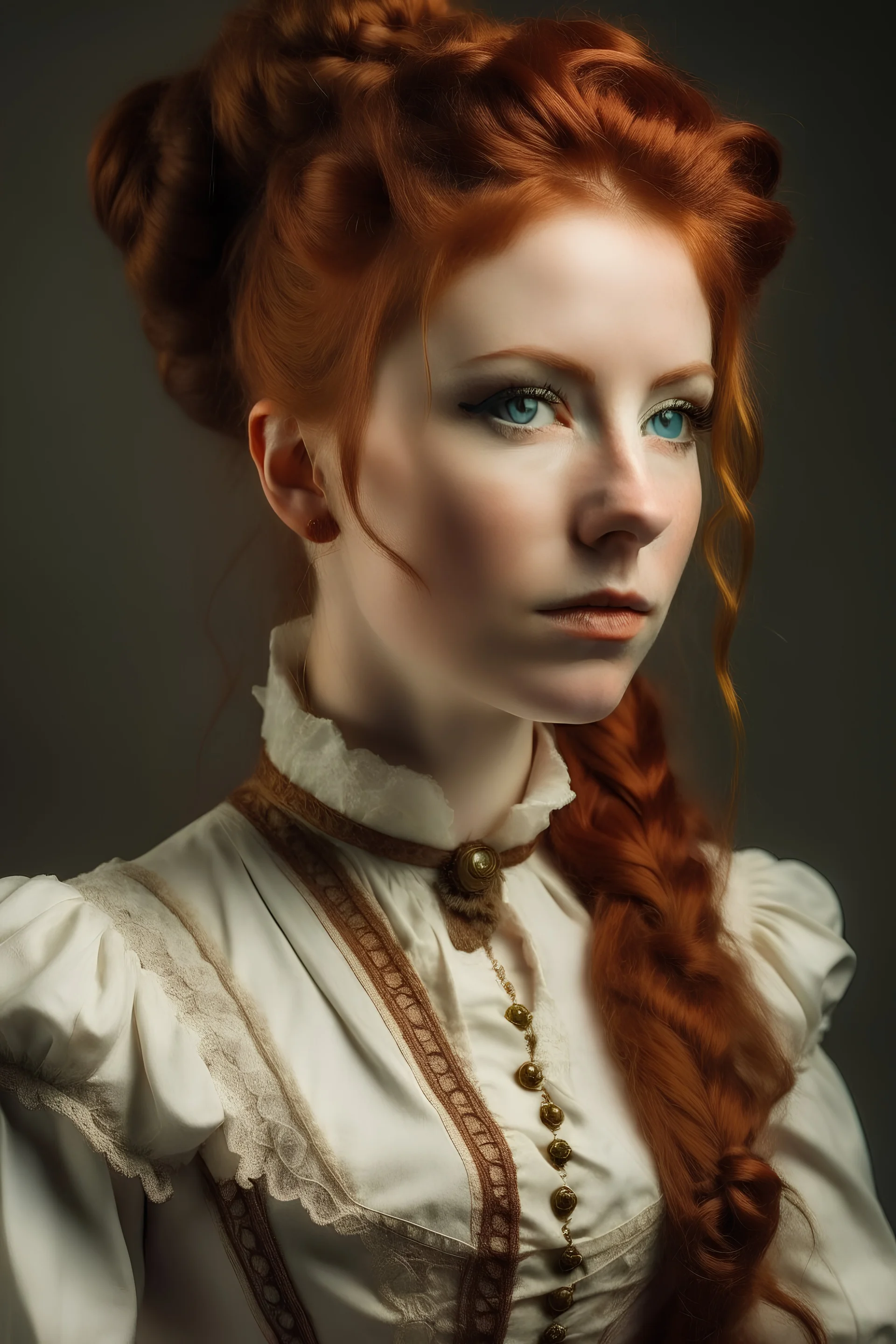 Oil portrait of a stern young Victorian woman with braided red hair. She is wearing a corset, white loose shirt, petticoat dress, in steampunk style