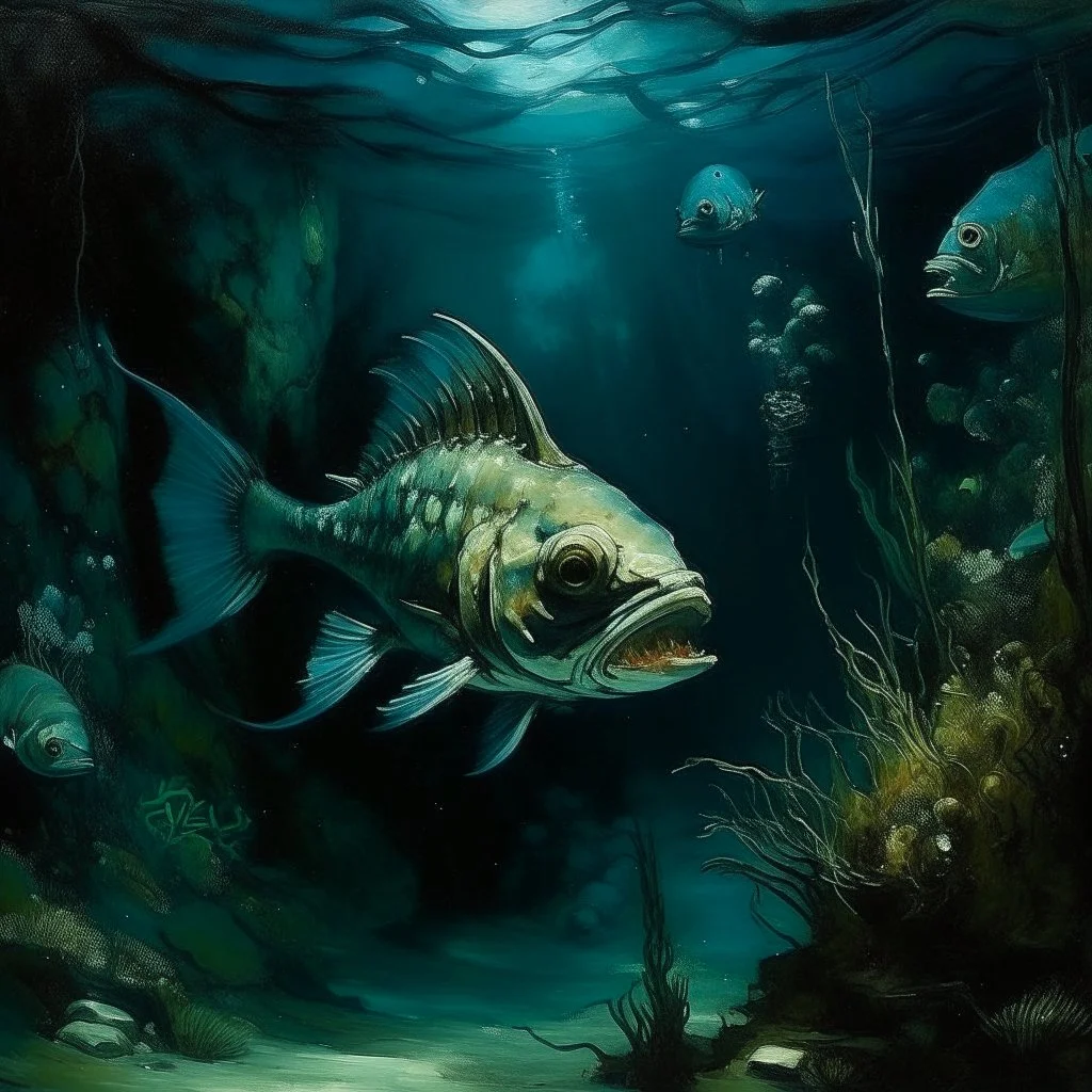A dark bluish teal underwater abyss with angler fish painted by Edouard Manet