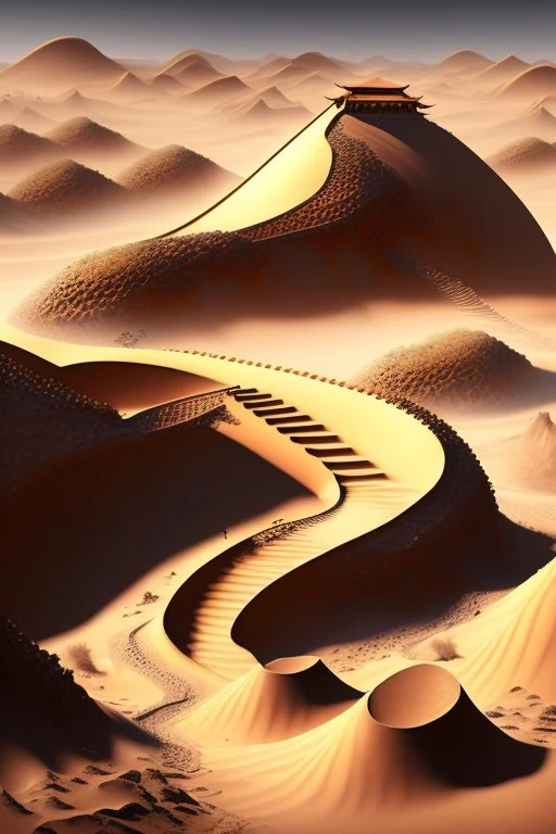 ancient, chinese town, fantasy, desert, dune, sand storm, crater