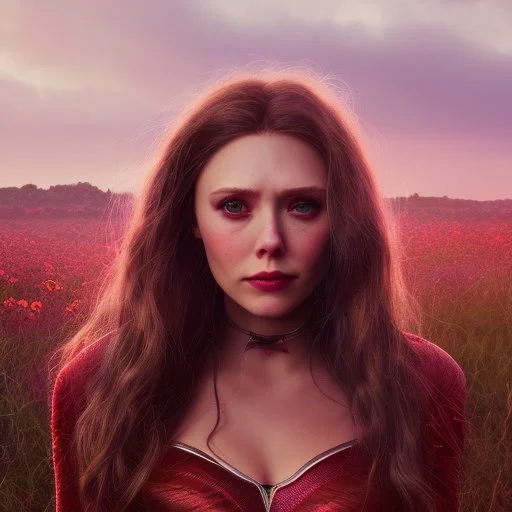 Feiticeira escarlate, Elizabeth Olsen, feiticeira, magia, rosto detalhado belo, bonita, cenário em um campo de flores, cinematográfico, dramático, por do sol, campo de flores, cores frias