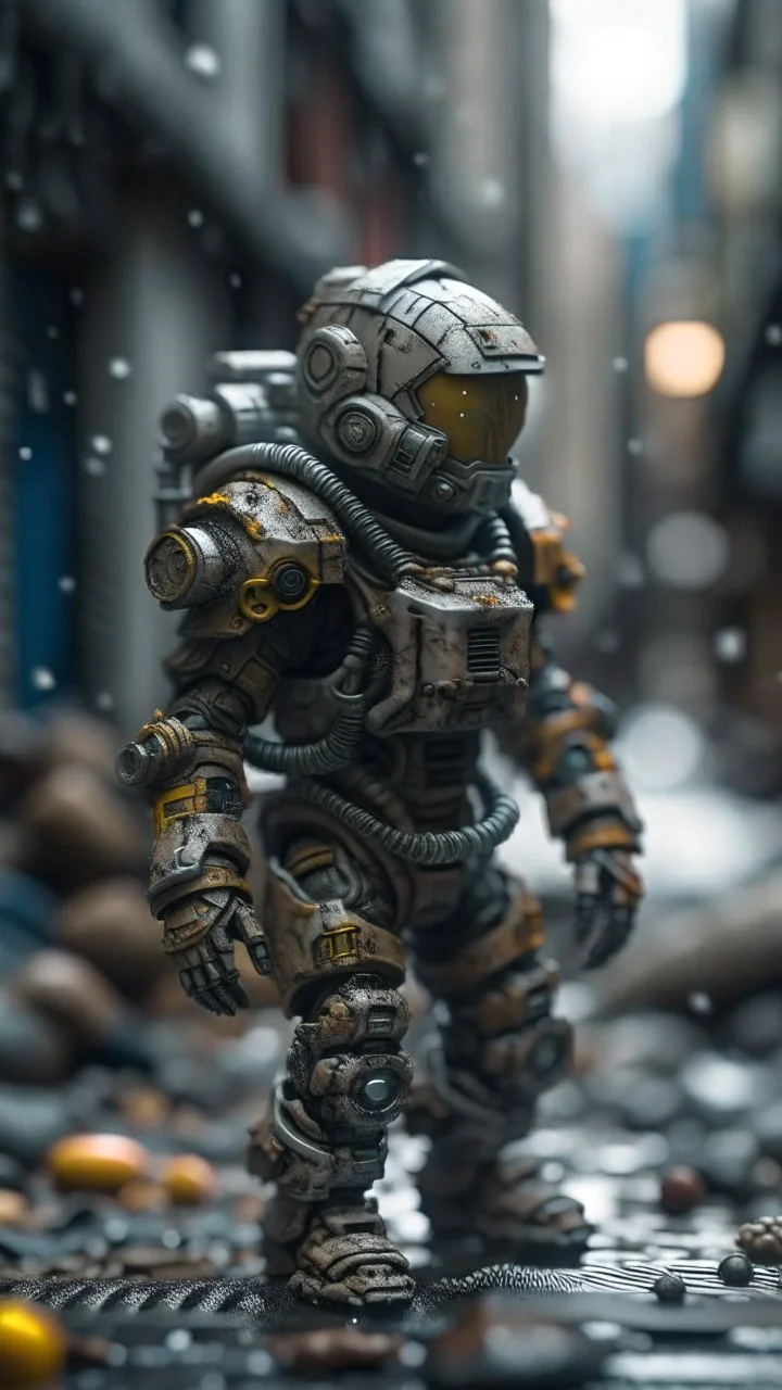 insulated armor, spacesuit, lots of small details, sci-fi movie style, on a ruined city street, overcast, photography, bokeh like f/0.8, tilt-shift lens 8k, high detail, smooth render, down-light, unreal engine