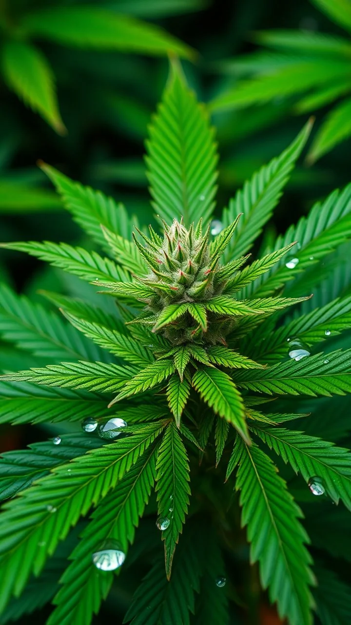 create a plant Marijuana and focus on a group of leaves, with big bud , they have some water drops but no too exagerated, make the photo nearer and the water frops bigger, the background is like in a jungle