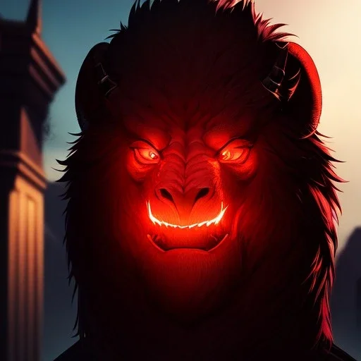 closeup face anthropomorphic bison sorcerer releasing a spell, relaxed, in the style of greg rutkowski cyberpunk red glowing light from inside, detailed, realistic, hight quality