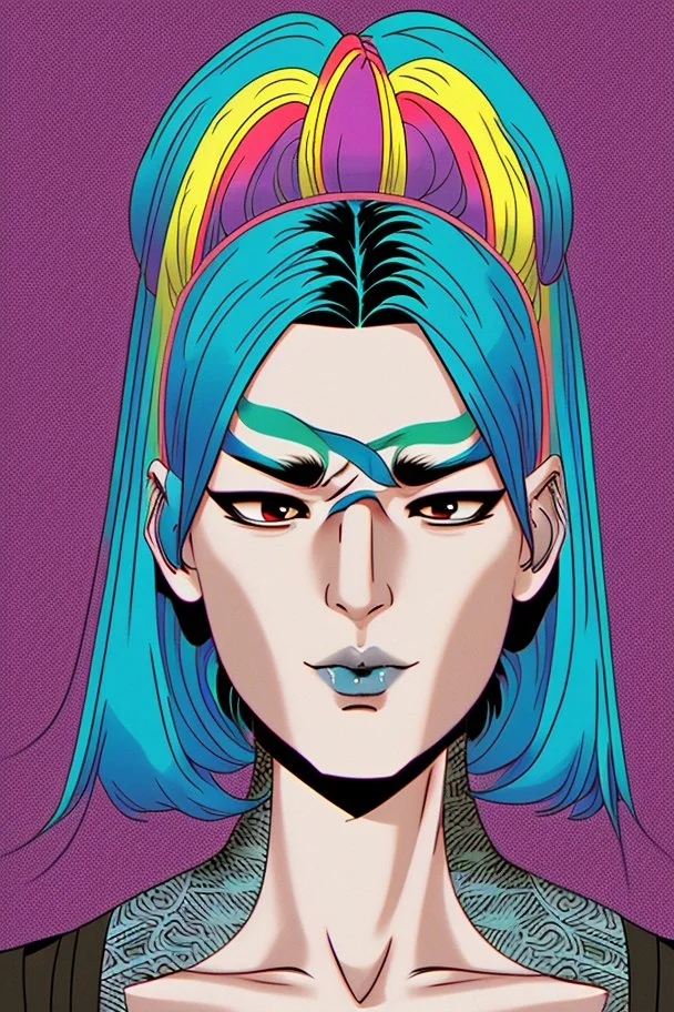 asian androgynous person, in 80's comic illustration, piercings,rainbow hair, androgynous look, epic colour treatment, cinematic colour treatment