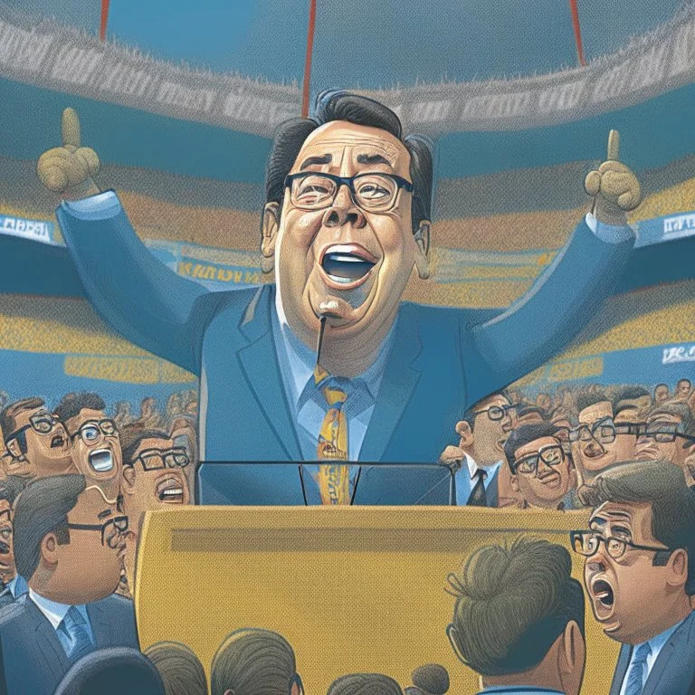 Caricatura del presidente de Colombia Gustavo Petro Urrego hablando seriamente en una tribuna