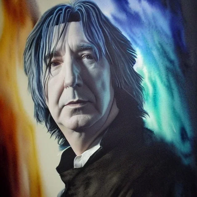 stunning, photoillustrative watercolor of Alan Rickman as Severus Snape with wand, ghost holographic realistic deer, artwork, Flickr, 8 k, detailed matte, ultrafine detail, high-quality, George Grie, Anne Dittman, Anne Stokes, Lisa Parker, Selina French, howard lyon, greg rutowski