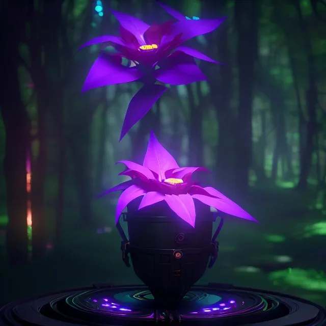 Futurist flowers in a black pot, flashy colors, in a forest background, 8k,unreal engine, very detailed, cinema 4D, perfect angle