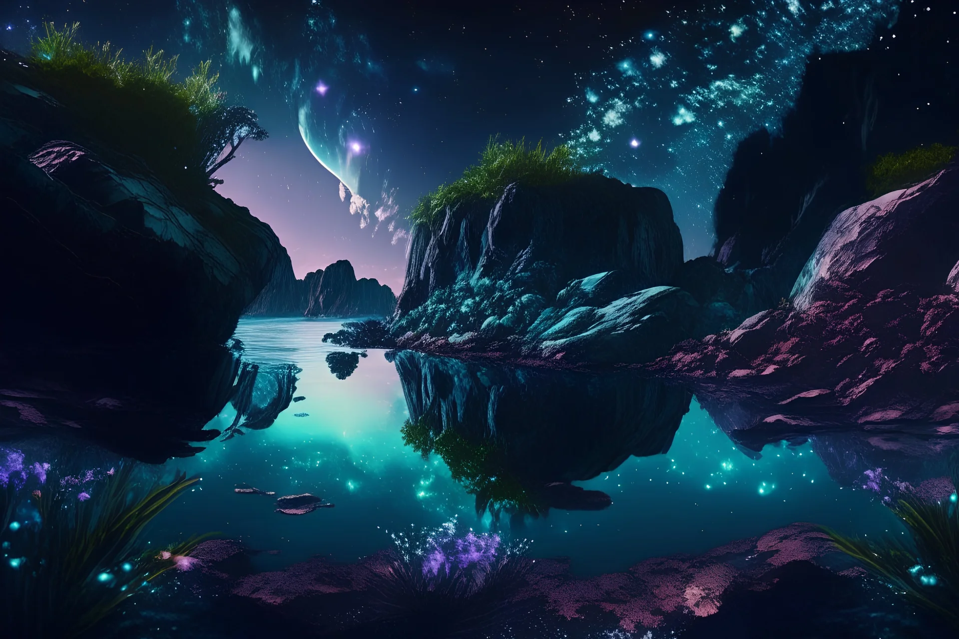 rocky cliff, vegetation, galaxy, infinite, cosmos, people, water reflection, sci-fi.