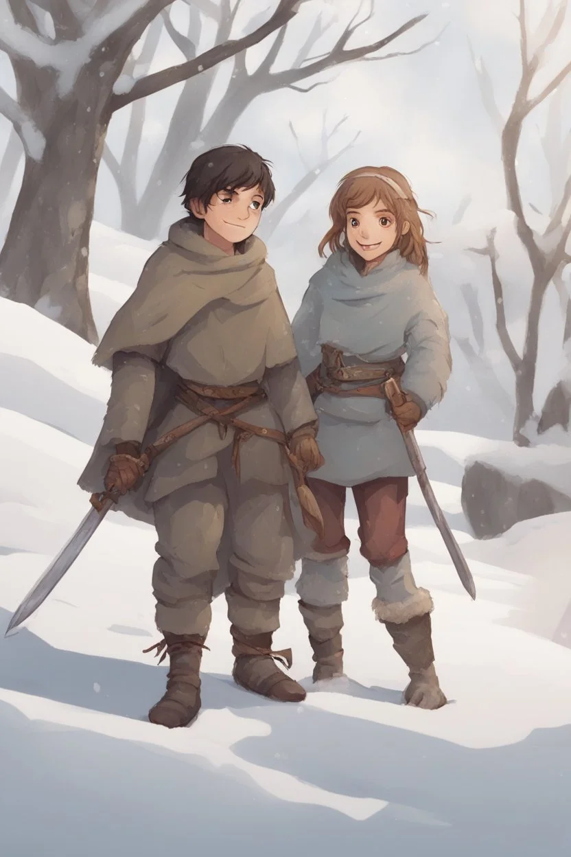 DnD style, two medieval peasant kids playing in the snow male and female, age 14 and 15, happy and playful, he has a short sword.