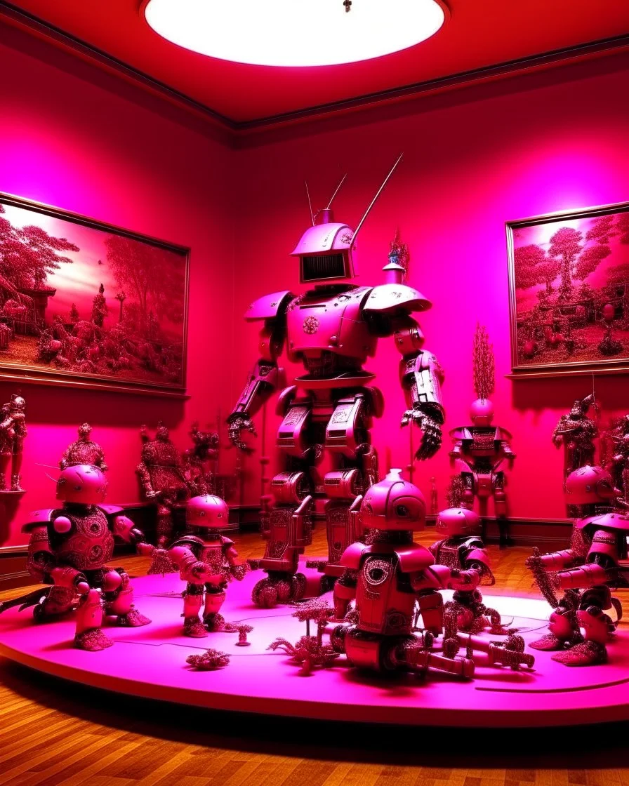 A magenta magical armory with robots designed in Bayeux tapestry painted by Giovanni Battista Sassi