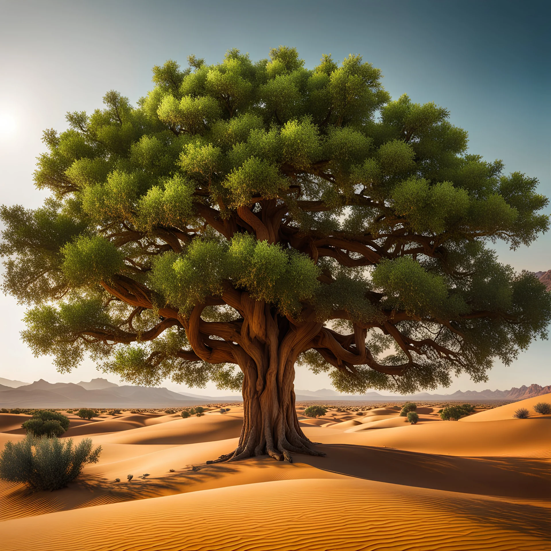 Un gran árbol frondoso en medio de un desierto, calidad ultra, maximalista