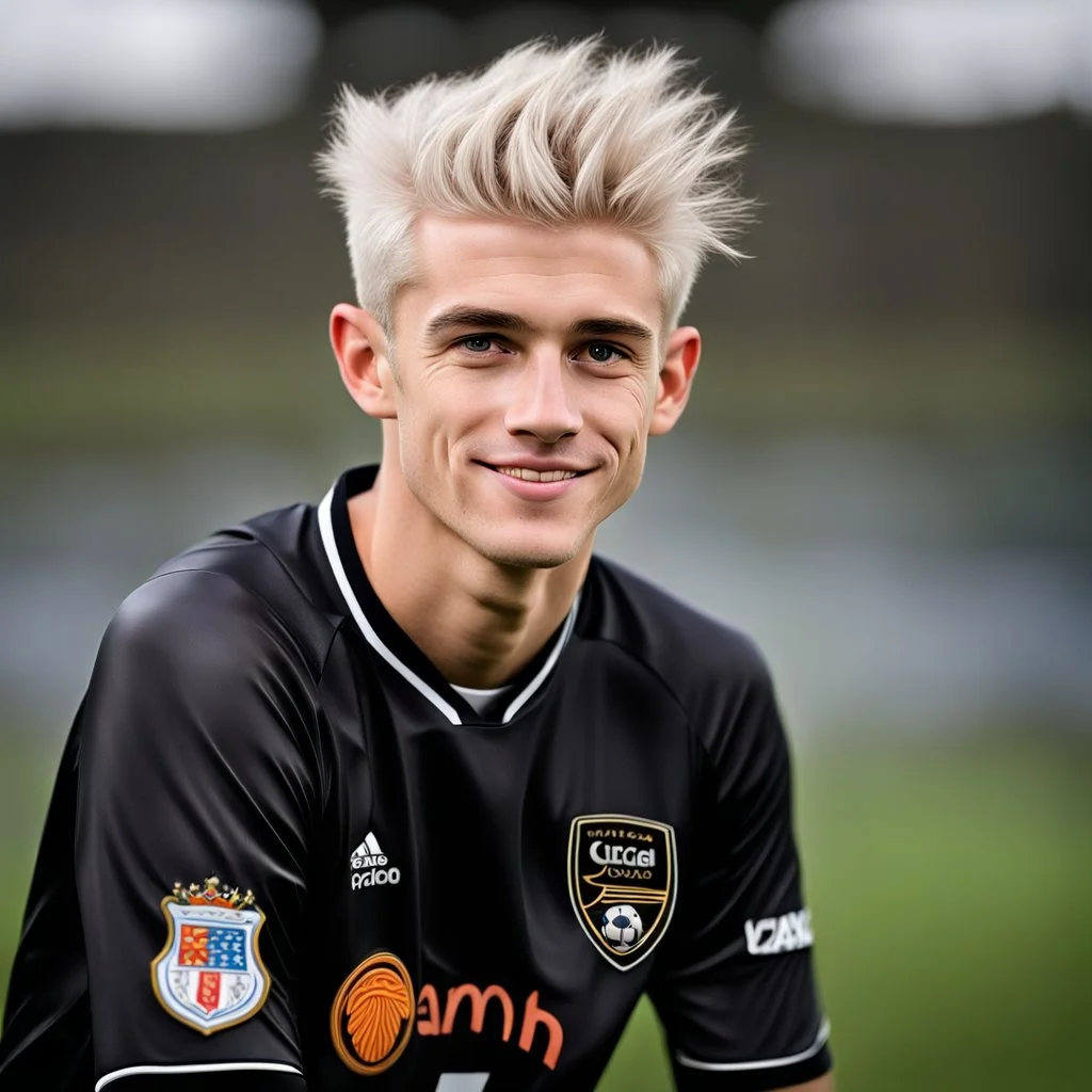 85mm DSLR color photography of a very detailed headshot fitting all of head and hair in frame. 18-year-old English soccer player, and with no facial hair and has no facial hair, has short length straight white hair with a small smile, grey background