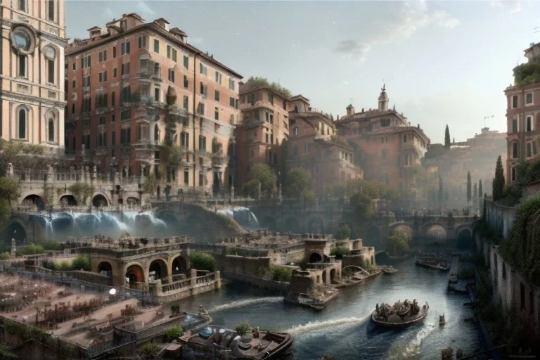 Tevere+river+Bar on garden rooftops +Rome mixed new york +Skyscraper +steampunk+biopunk+alphonse mucha, greg rutkowski,matte painting, cryengine, hyper detailed, felix kelly, fantasy art, seb mckinnon