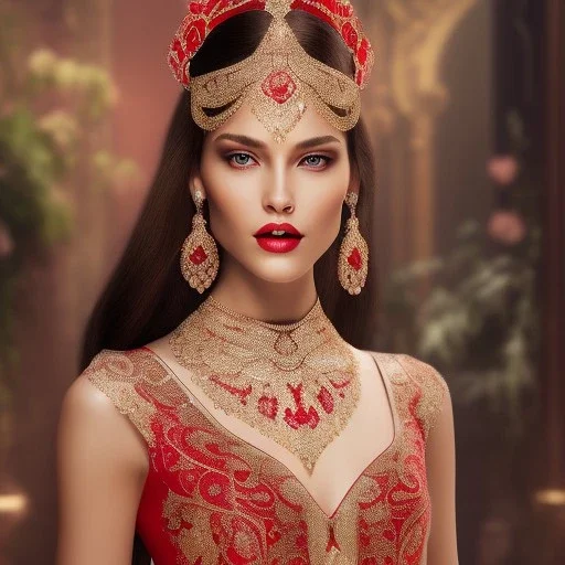 pltn style, beautiful woman, red, jeweled veil, tall, slender, long hair, smooth, flawless skin, deep, mysterious eyes, red gown, intricate beading, sparkling jewels, diamonds, rubies, regal, dignified, graceful, fluid, ethereal quality, light steps, roses, jasmine scent, shimmering light, spirit, hope, joy, mortal, extraordinary beauty, charm, mystery, legend, fascination, cute big circular reflective eyes, Pixar render, unreal engine cinematic smooth, intricate detail