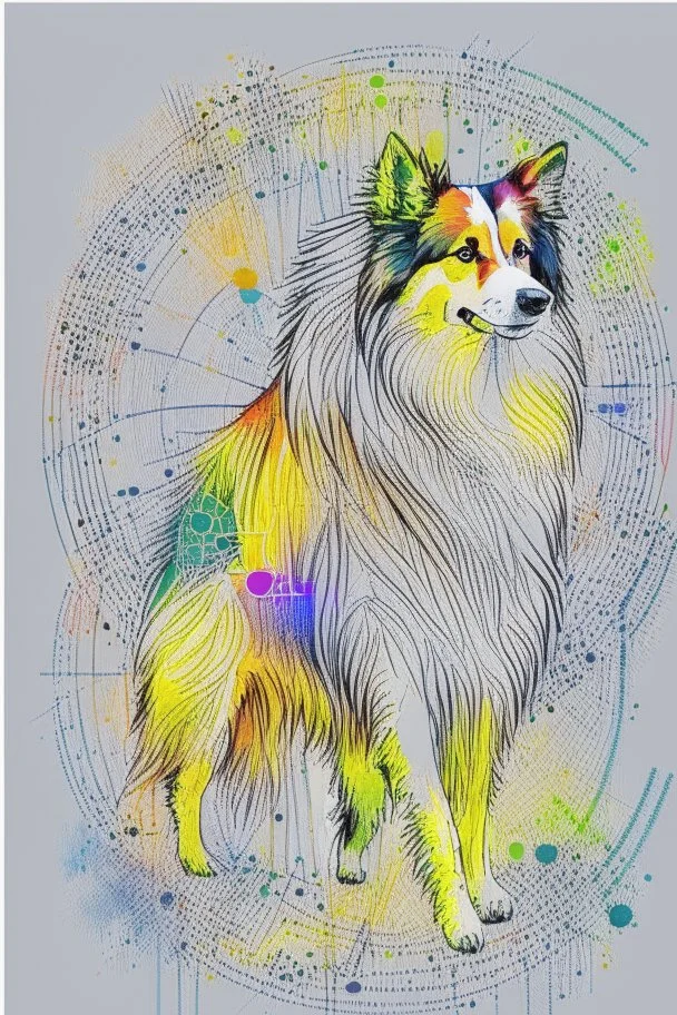 Abstract wet watercolour of a rough collie, ink lines, interlinked circles,detailed
