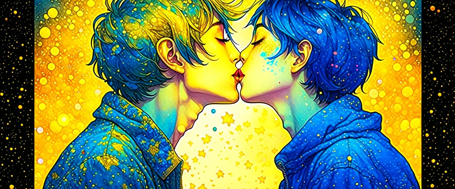 portrait anime man kissing man, ,yellow, stars hearts water, blue, watercolor, Yoshikata Amano, Edwin Landseer, Ismail Inceoglu, Russ Mills, Victo Ngai, Bella Kotak, hyperdetailed 8K resolution HDR DSLR, ultra detailed, ultra quality, CGSociety, intricately detailed, color depth, gliter, kiss