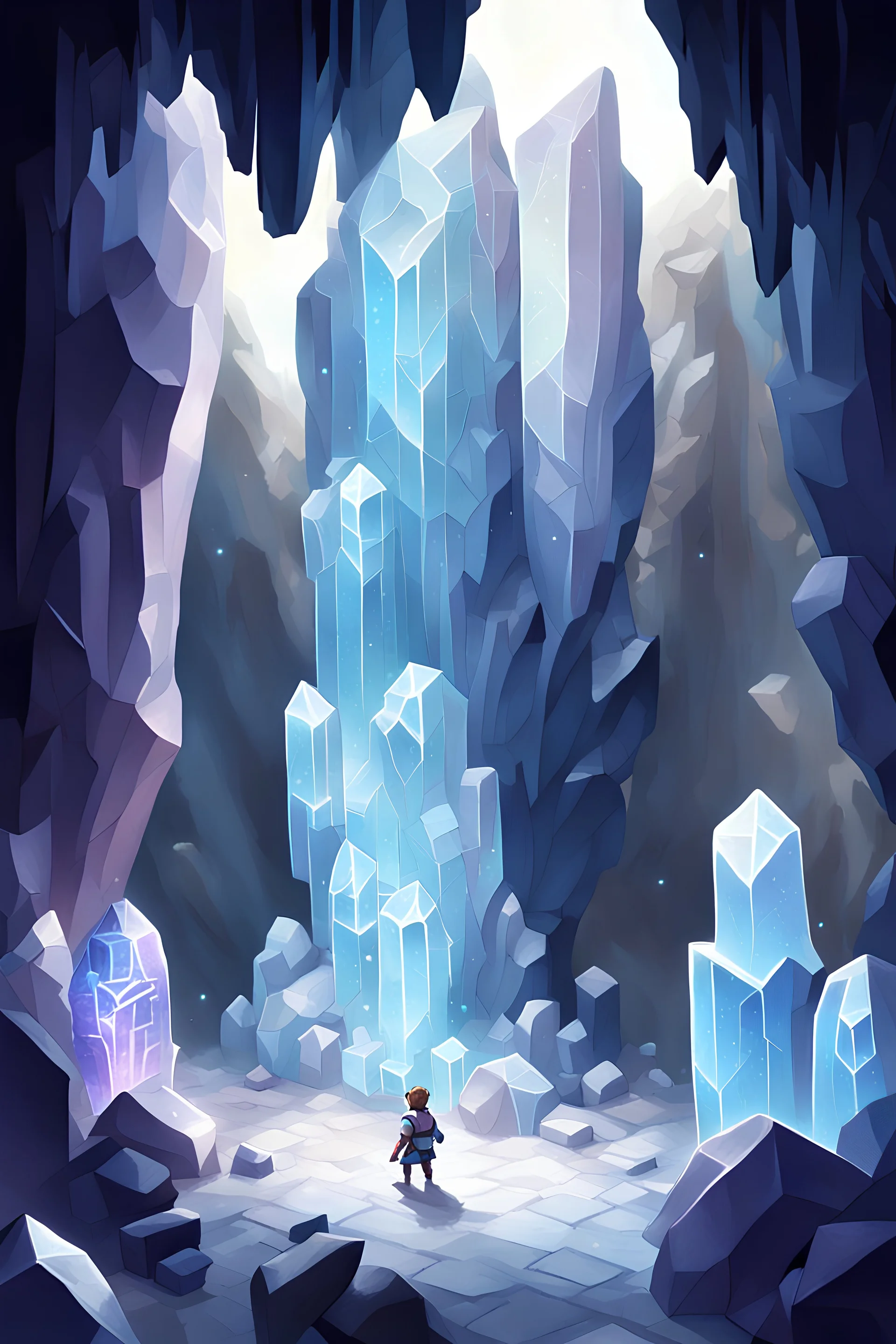 game art of the Cave of the Crystals covered in crystalline blocks with a tiny hero