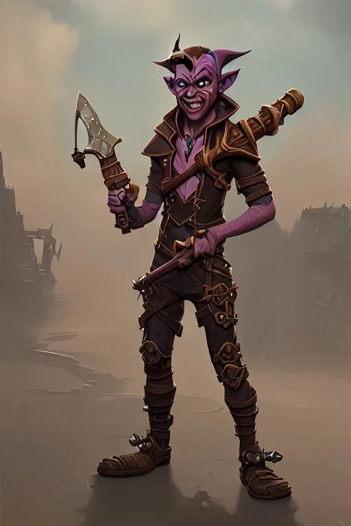 goblin holding an axe in a city in a steampunk style