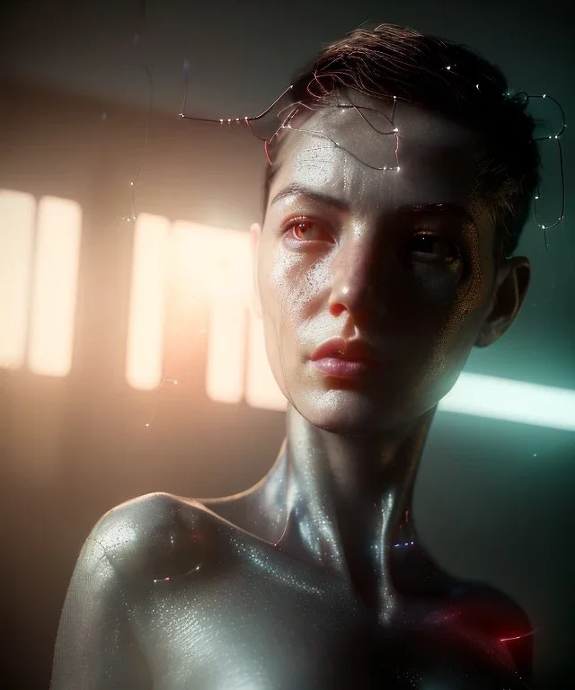 Ultra realistic photographic night portrait, cinematic, naked, short hair <sexy woman> <hanging wires> many wires coming out of the head <perfect pupil> <cyborg> <garage> <wide angle Shot> <sci-fi futuristic> <thriller>, fog, soft color, highly detailed, unreal engine 5, ray tracing, RTX, lumen lighting, ultra detail, volumetric lighting, high definition.