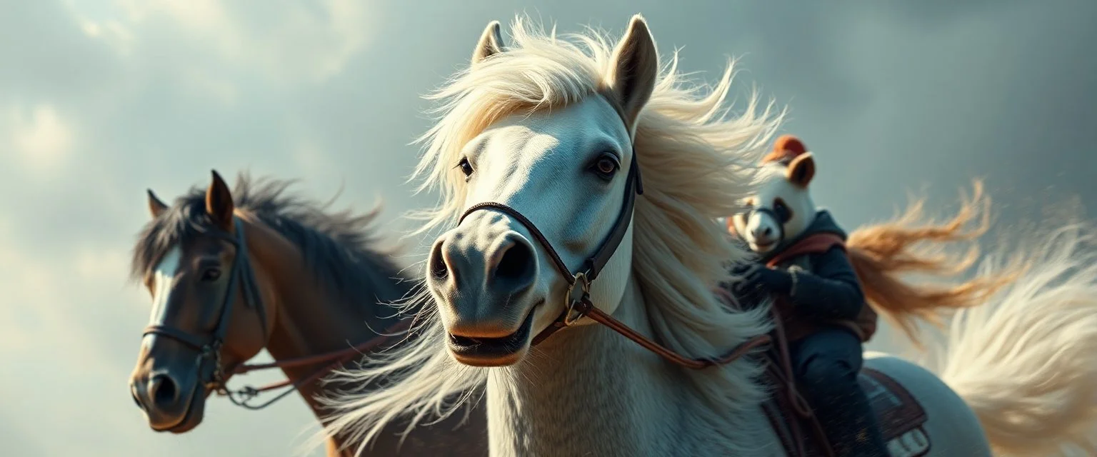 the high speed magical face of a fluffy horse with panda riders painted with Rembrandt