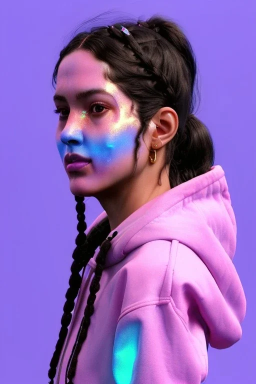 Ultra Realistic image, Rosalía artist, portrait, waist up portrait, long black eye line, sweet face, inflatable hoodie, gold pink and blue style, spray glow make up, rings piercing nose, led ornament, fog, cold, bubble latex coat, vibrant color, highly detailed, art stations, concept art, smooth, unreal engine 5, god rays, ray tracing, RTX, lumen lighting, ultra detail, volumetric lighting, 3d, finely drawn, high definition, high resolution.