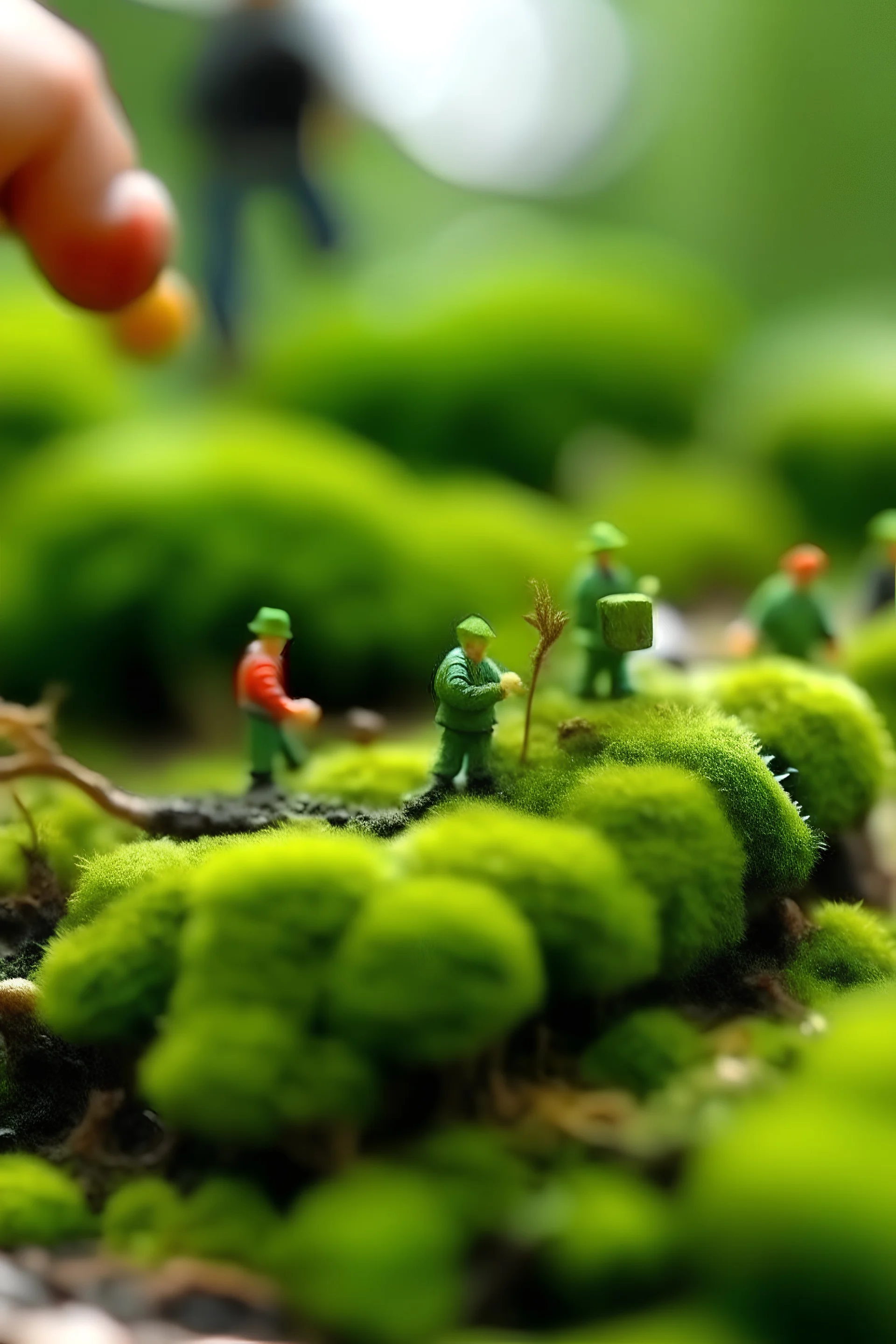 real close-up detailed view of moss with little people working tilt shift