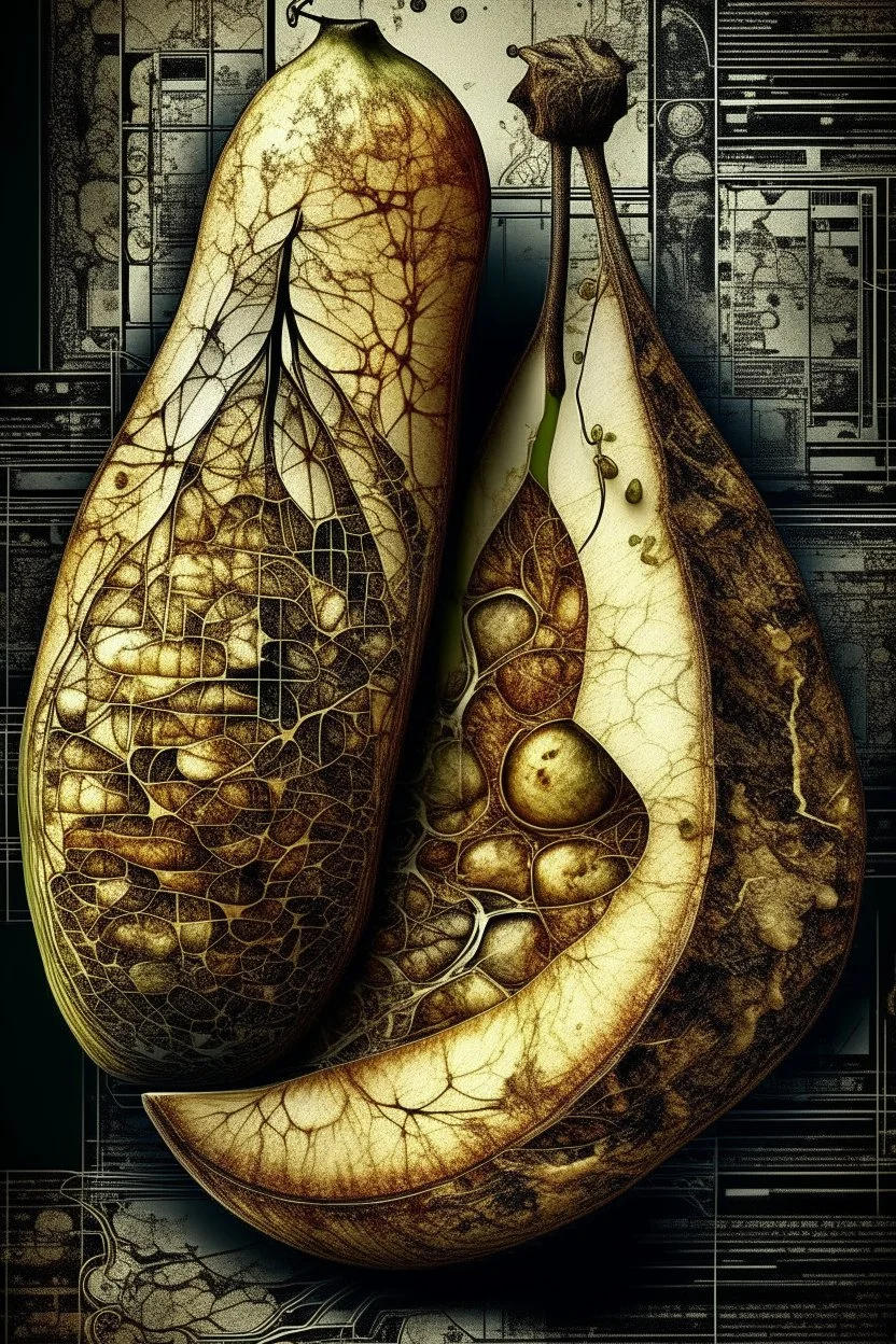 Grunge, woman as a decaying dried out Pear intricately showing its internal structure and seeds, cyberpunk, ultra unique natural textures, slight imperfections, vray.