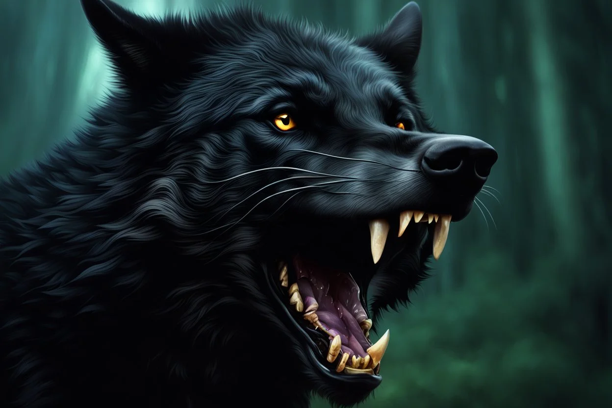 Large black wolf growling lip curled, Photorealistic, 4k, dark fantasy