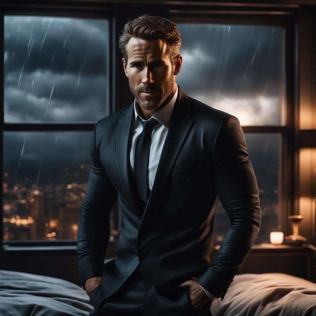 Hyper Realistic Muscular Ryan Reynolds looking handsome in a black formal dressing in a dark-cozy-bedroom with huge-windows-&-thunderstorm-view-outside at dark night