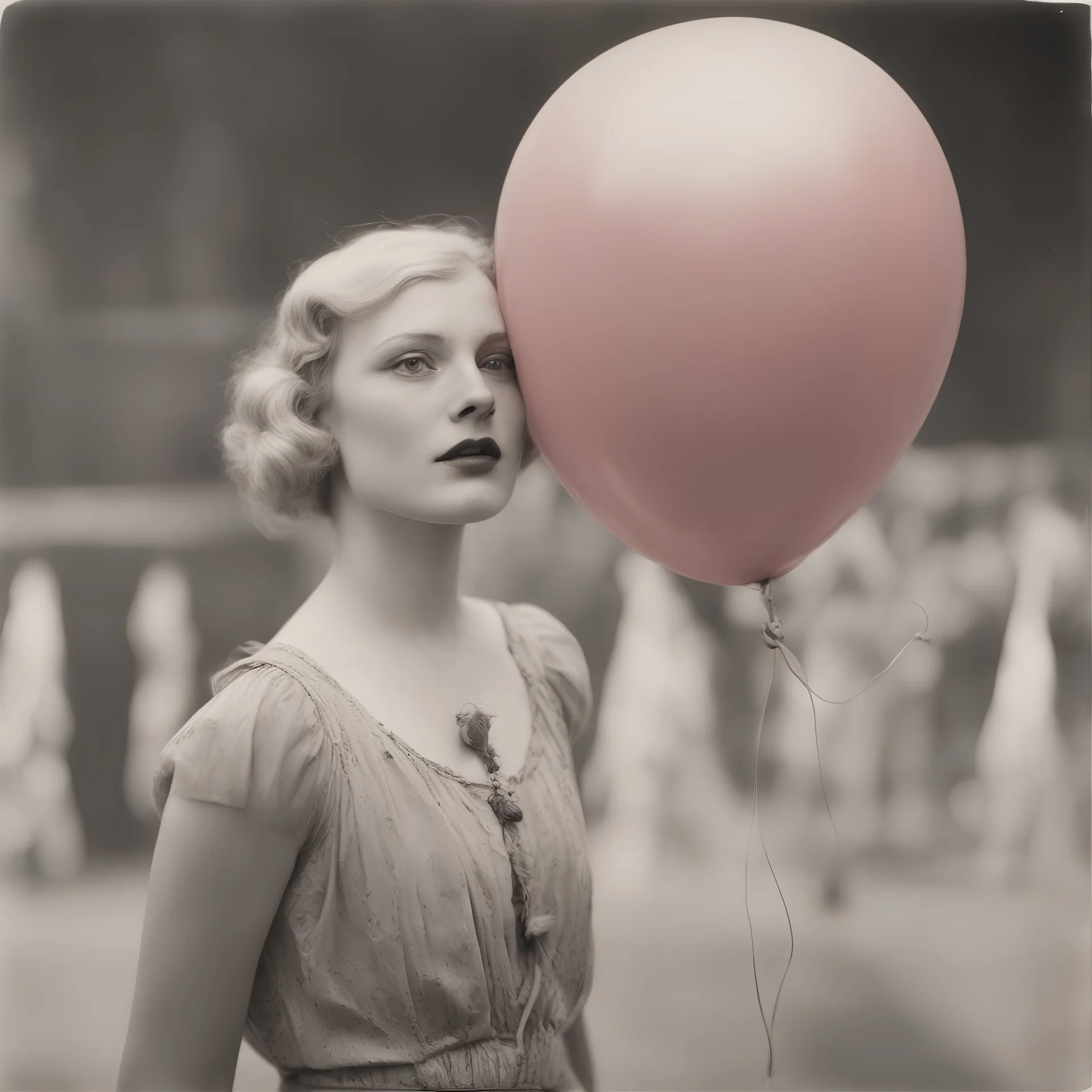A blond woman with freckles, with a balloon at the circus, 1920s, red, orange, pink