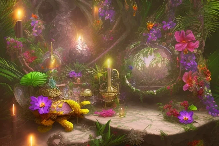 Tropical flowers,heart drawing, crystals, tropical leaves, sacred altar, Fantasy temple